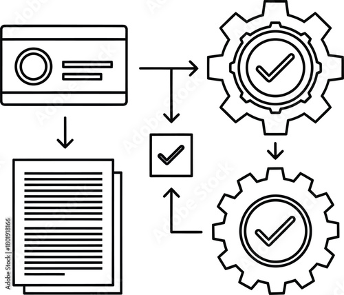 Workflow automation process chart diagram with gears and check marks icon eps silhouette
