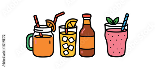 Cute doodle summer drinks collection flat vector illustration bold handdrawn outlines bright solid fills isolated on white clean white space sticker style minimal detail cold brew bottle
