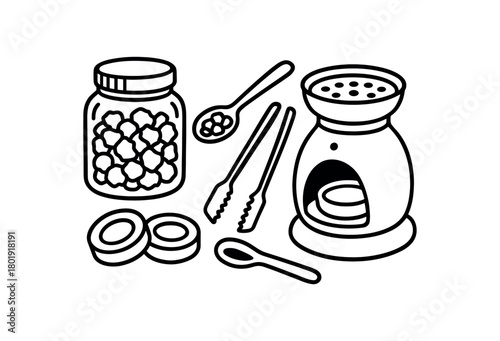 flat vector handdrawn black and white bold clean outlines white background incense crafting resin jar charcoal discs spoon tongs ceramic burner no logos