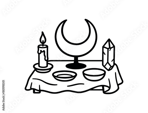 flat vector handdrawn black and white bold clean outlines white background moon altar minimal crescent stand candle dish quartz point cloth no logos