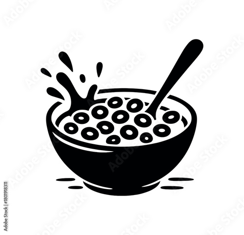 Bowl of cereal and spoon no face black silhouettes with splash and rim lines morning meal illustration