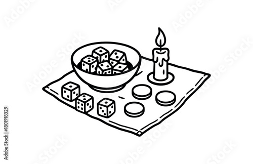 flat vector handdrawn black and white bold clean outlines white background divination casting bowl shallow bowl dice set token set blank candle cloth no logos