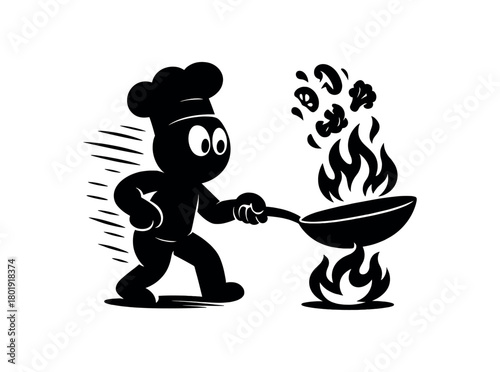 Chef flipping vegetables wok white eyes black silhouette with flame and motion lines kitchen action vector