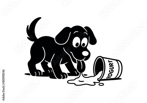 Dog licking spilled yogurt white eyes black silhouette with paw and container line details cleanup scene