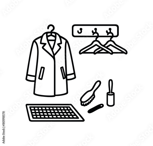 flat vector handdrawn black and white bold clean outlines white background coat corner coat rack hangers shoe mat brush lint roller no logos