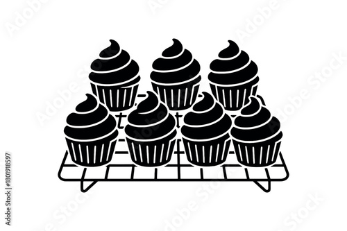 Cupcakes on cooling rack no face black silhouette with frosting and tray line details sweet moment vector