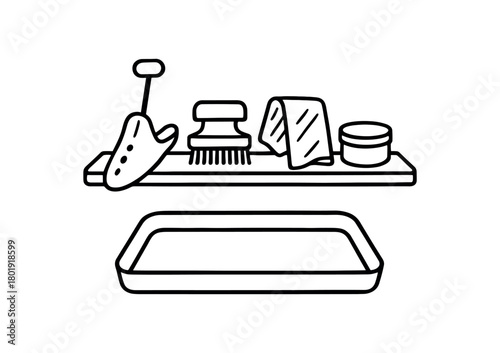 flat vector handdrawn black and white bold clean outlines white background shoe care shelf shoe tree brush cloth polish tin boot tray no logos