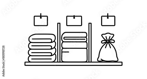 flat vector handdrawn black and white bold clean outlines white background linen closet towel stack sheet set sachet shelf dividers tag cards blank no logos