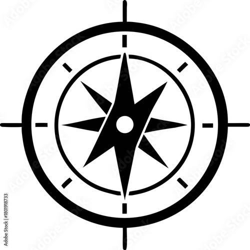 A simplified solid dark vector illustration of a classic compass rose. A minimal graphic icon for direction, travel, and navigation