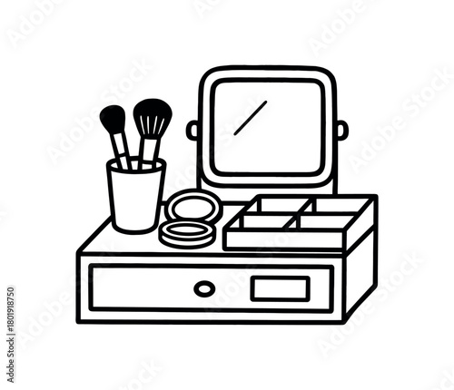 flat vector handdrawn black and white bold clean outlines white background vanity drawer brush cup compact tray divider box mirror label blank no logos