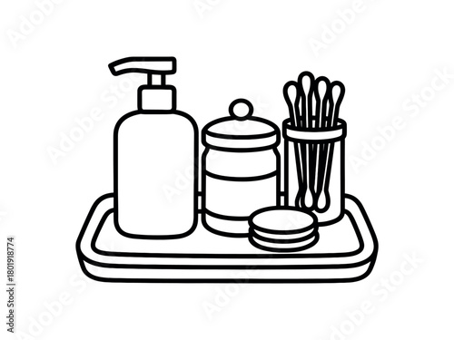 flat vector handdrawn black and white bold clean outlines white background bathroom caddy pump bottle jar tray cotton rounds swab jar no logos