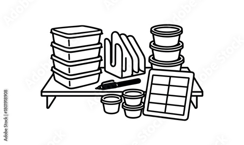 flat vector handdrawn black and white bold clean outlines white background meal prep shelf container stack lid organizer portion cups marker plan card blank no logos