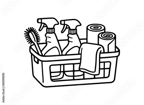 flat vector handdrawn black and white bold clean outlines white background under sink tidy caddy spray bottles brush towel roll liners no logos