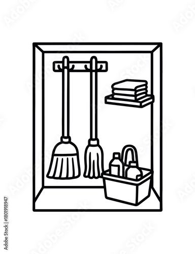 flat vector handdrawn black and white bold clean outlines white background cleaning closet broom mop hooks caddy cloth stack no logos