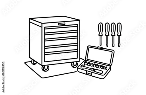 flat vector handdrawn black and white bold clean outlines white background tool chest drawers socket set screwdriver set labels blank mat no logos