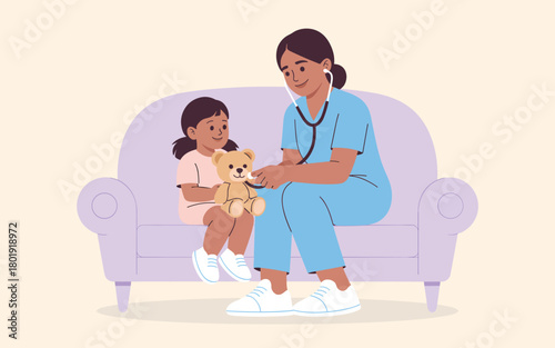 Pediatric nurse checking a teddy bear's heartbeat with a stethoscope