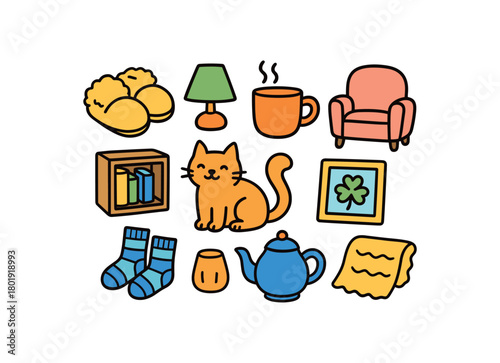 Cute doodle cozy home items collection flat vector illustration bold handdrawn outlines bright solid fills isolated on white clean white space sticker style minimal detail slippers fuzzy