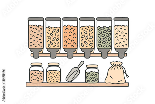 flat vector handdrawn soft palette clean outlines white background zero contain bulk aisle gravity bins glass jars metal scoop cloth bag no logos