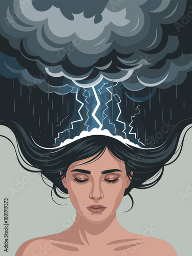 Metaphorical illustration of mental storm and emotional turmoil within a woman's mind