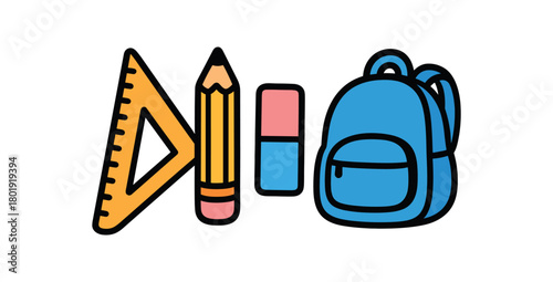 Cute doodle stationery school supplies collection flat vector illustration bold handdrawn outlines bright solid fills isolated on white clean white space sticker style minimal detail