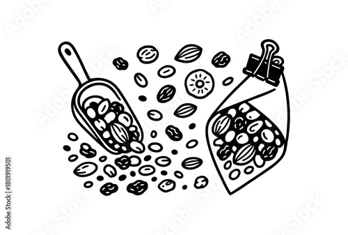 flat vector handdrawn black and white bold clean outlines white background zero contain naked snacks trail mix dried fruit paper cone clip scoop no logos