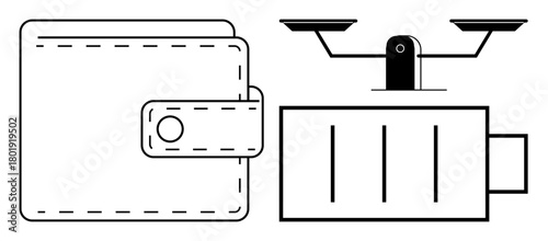 Closed wallet, balance scales, and prison bars representing financial decisions, justice, ethics, or consequences. Ideal for law, finance, accountability crime prevention policies inequality