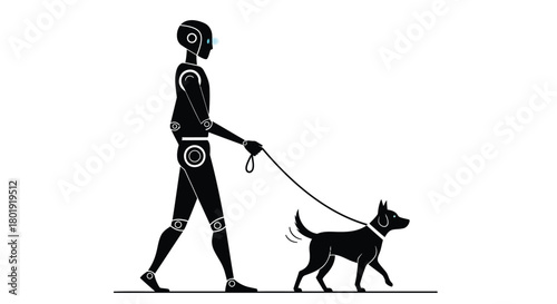 Stylized silhouette of a person walking a small dog on a leash against a white background