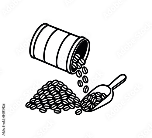 flat vector handdrawn black and white bold clean outlines white background zero contain coffee refill beans mound scoop tin canister paper band no logos