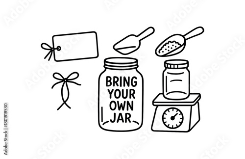 flat vector handdrawn black and white bold clean outlines white background zero contain bring your own jar tare card blank scoop jar on scale twine no logos