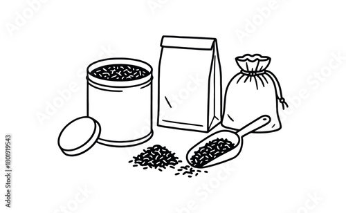 flat vector handdrawn black and white bold clean outlines white background zero contain tea loose canister open tin scoop paper pouch cotton bag no logos