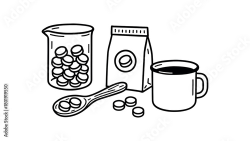 flat vector handdrawn black and white bold clean outlines white background zero contain toothpaste tablets beaker wooden spoon paper sachet enamel cup no logos