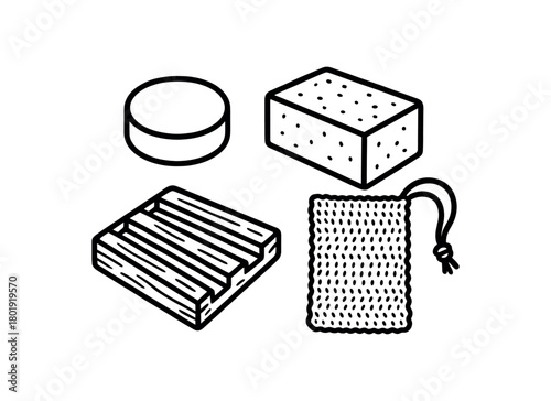 flat vector handdrawn black and white bold clean outlines white background zero contain solid shampoo conditioner bar soap cedar dish sisal pouch no logos