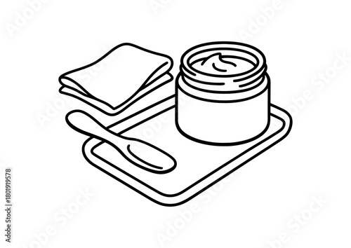 flat vector handdrawn black and white bold clean outlines white background zero contain cream deodorant glass jar bamboo spatula muslin tray no logos