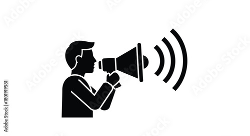 Silhouette of a person speaking loudly into a megaphone with sound waves emanating outwards
