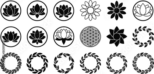 Vector lotus flower laurel wreath design elements black and white