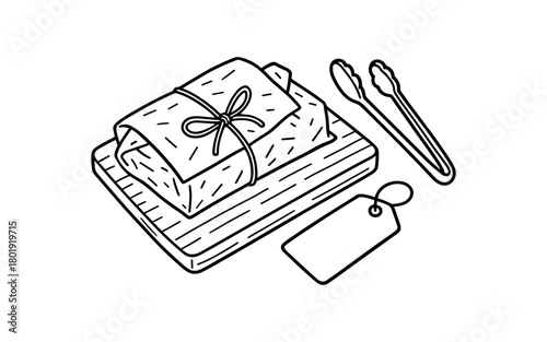 flat vector handdrawn black and white bold clean outlines white background zero contain deli wrap wax sheet twine wooden board tongs chalk tag blank no logos