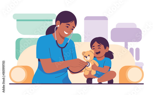 Doctor examining a teddy bear with a child, healthcare concept illustration