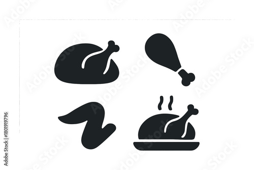 Vector Silhouette icons of poultry cuts including whole chicken, drumstick, wing, and roast
