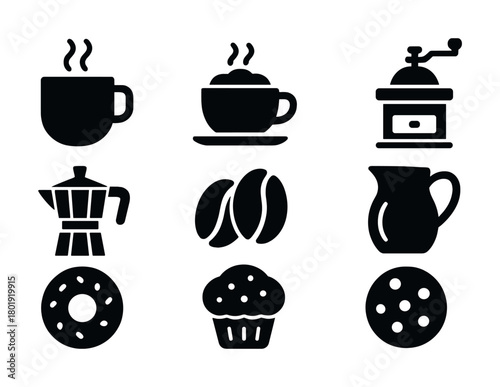 Vector Coffee icons: mug, espresso, grinder, moka pot, beans, pitcher, donut, muffin, cookie