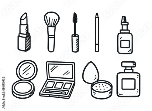 Vector Hand-drawn makeup essentials collection: lipstick, brush, mascara, pencil, perfume, compact, palette, sponge