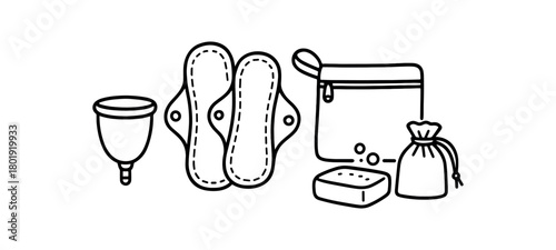 flat vector handdrawn black and white bold clean outlines white background zero contain period low waste cup cloth pads wet bag gentle soap pouch no logos