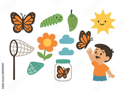 Vector Child exploring butterfly lifecycle with net and jar under sunny sky