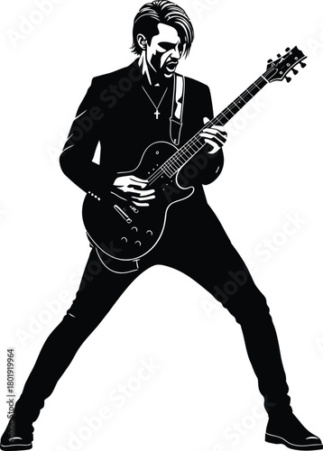 Guitarist playing electric guitar vector illustration black and white eps silhouette