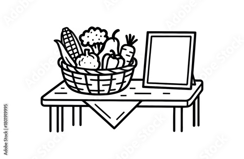 flat vector handdrawn black and white bold clean outlines white background zero contain produce share table basket leftover veggies naked take sign card blank cloth no logos
