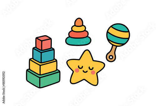 Cute doodle baby nursery essentials collection flat vector illustration bold handdrawn outlines bright solid fills isolated on white clean white space sticker style minimal detail stacking