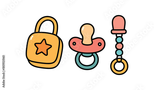 Cute doodle baby nursery essentials collection flat vector illustration bold handdrawn outlines bright solid fills isolated on white clean white space sticker style minimal detail pacifier