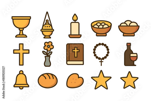 Christian symbols collection: chalice, candle, bible, cross, rosary, bread, wine, stars