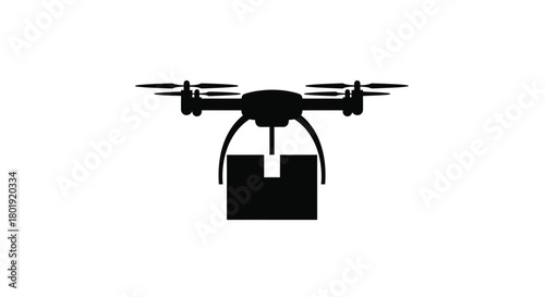 Modern delivery drone silhouette carrying a package in flight against a white background