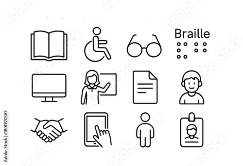 Accessibility icons set: braille, sign language, wheelchair, glasses, hearing aid, accessible communication