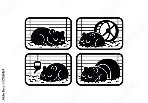 Hamsters napping their cages white eyes black silhouettes with bedding line accents cute cozy vector